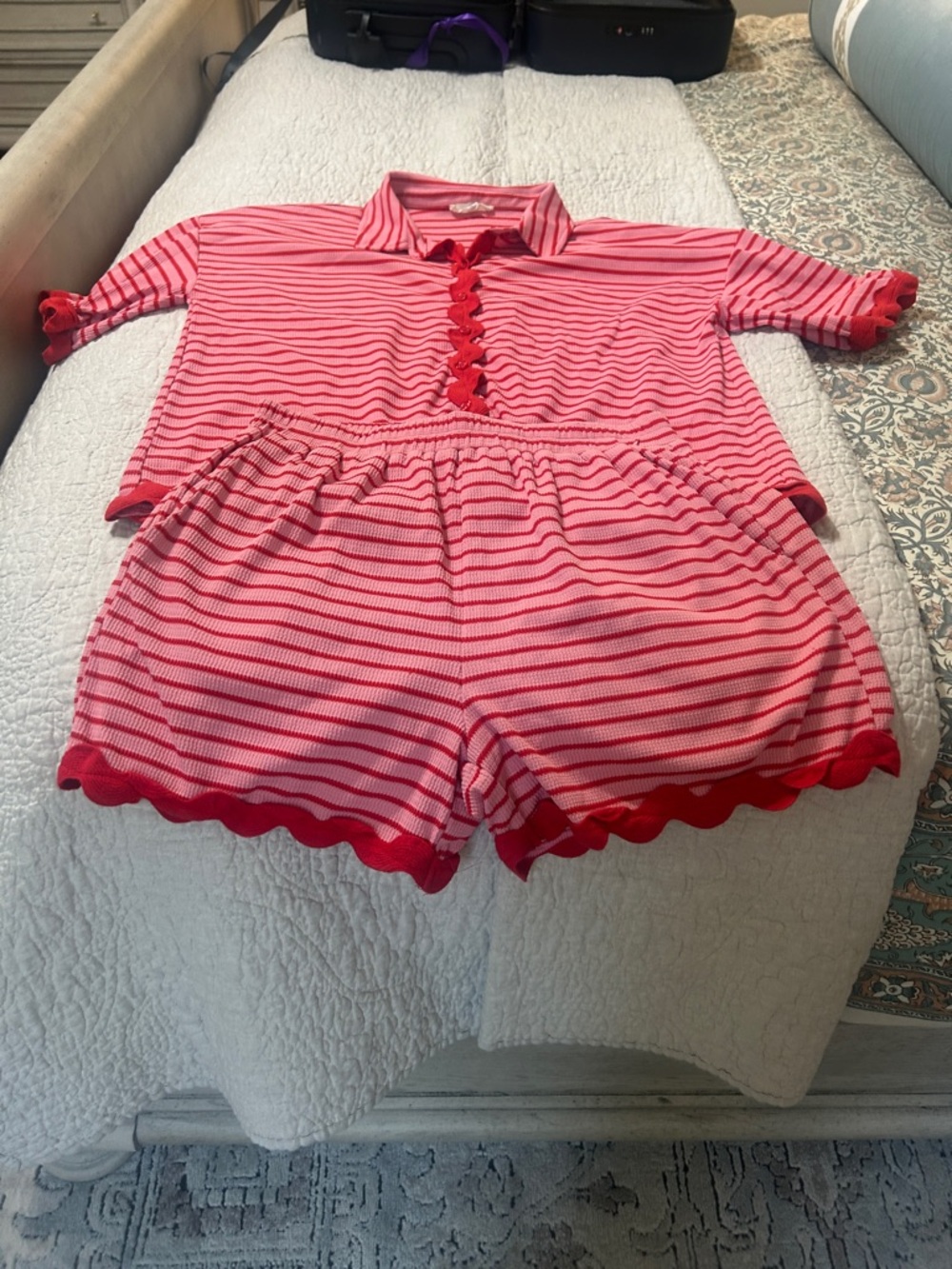 entro Pink and Red Striped High Waist Shorts Set